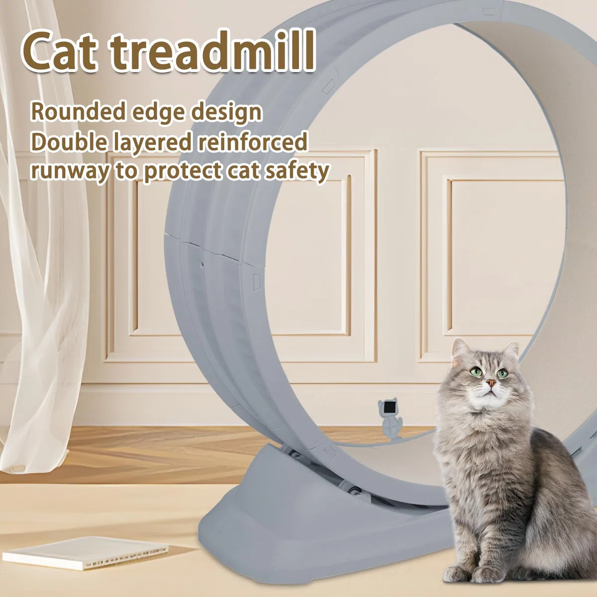 Rueda para gato grande, rueda de ejercicio silenciosa de ABS sólida, soporta hasta 15 kg, para gatos de interior activos, base antideslizante, fácil de montar y limpiar-gris