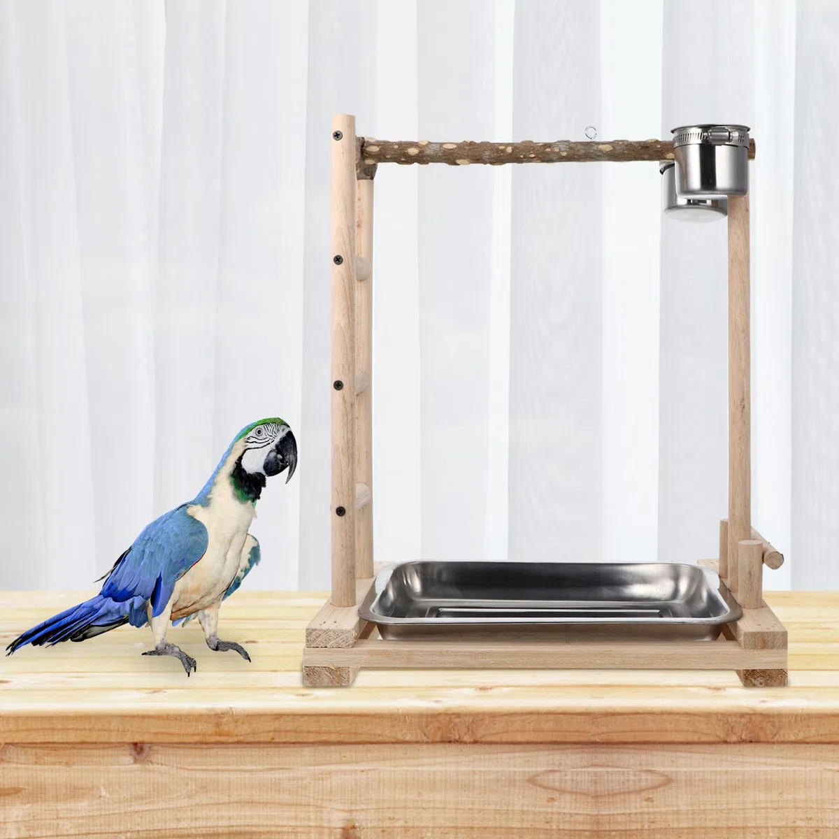 TOYANDONA Soporte para Mediano con Comedero Inoxidable y Escalera de Madera Juguete para Aves Que Ejercicio y Cuidado Dental Accesorio Seguro y Duradero para Jaulas de Pájaros