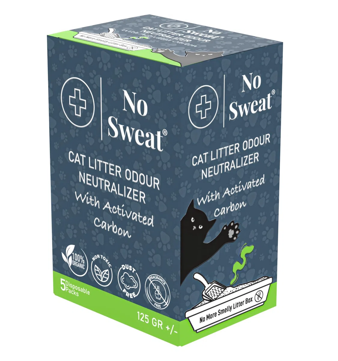 No Sweat Neutralizador de olores de carbón activado para gatos, hecho de cáscara de coco, todo natural, sin productos químicos, ingredientes tóxicos, sin perfume, apto para el planeta, desechable, 5