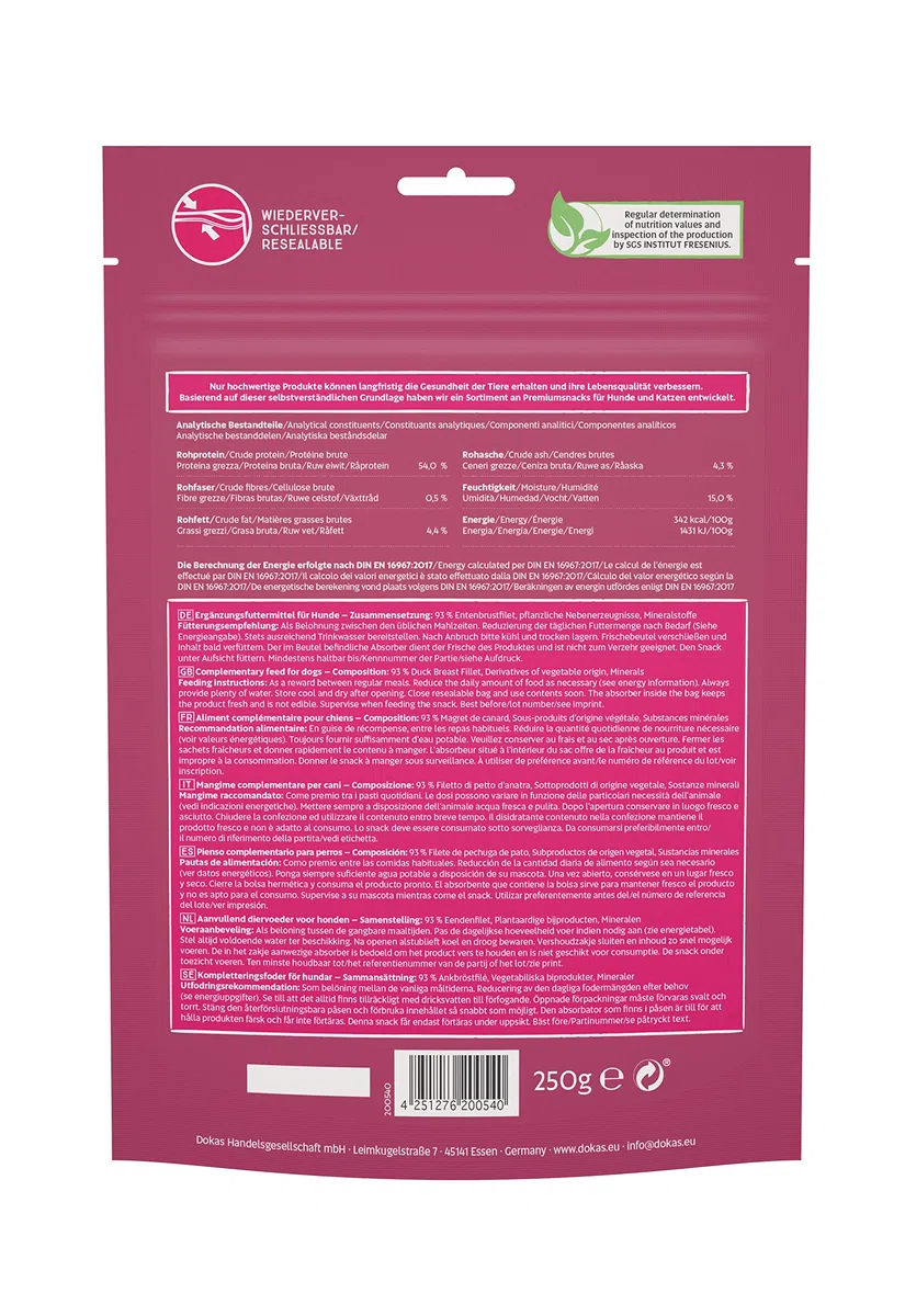 DOKAS Snack Premium sin Cereales en Tiras para Perros – de Filete de Pecho de Pato, 8 unidades