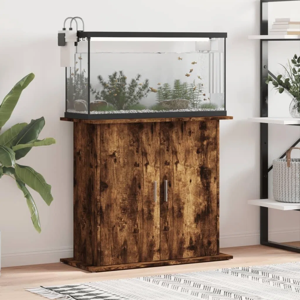 Soporte para acuario, roble ahumado, 81 x 36 x 73 cm, estructura de madera para muebles con 4 compartimentos y puertas, armario inferior estable para peces, accesorios, almacenamiento, salón