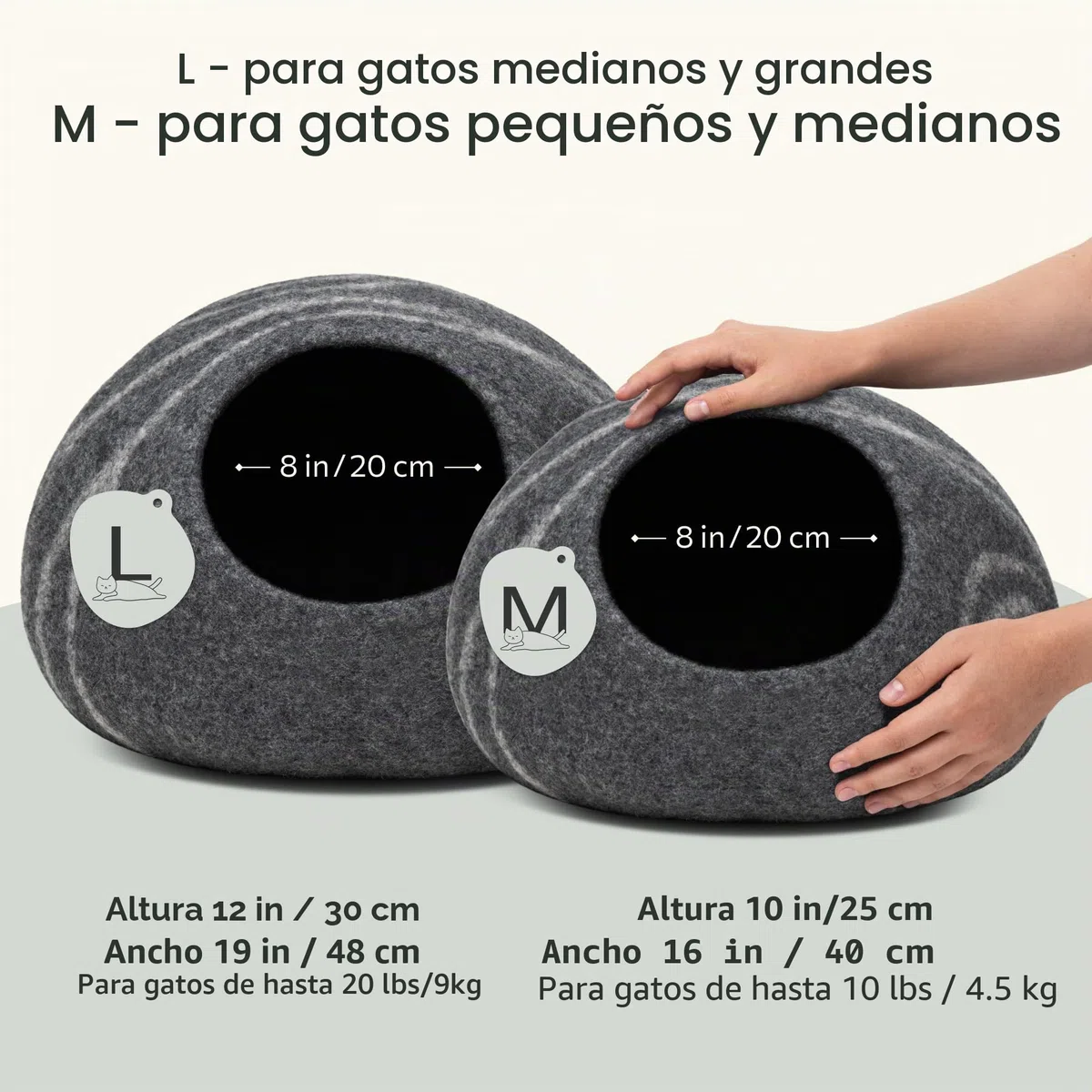 MEOWFIA Cueva de Cama para Gatos de Fieltro Premium - Cama Hecha a Mano 100% Lana Merino para Gatos y Gatitos (Tonos Oscuros) (Grande, ónix de Medianoche)