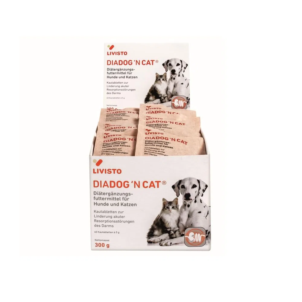 DiaDog`N Cat para perros y gatos, paquete de 60, 60 x 5 g, suplemento dietético para perros y gatos, tableta masticable para aliviar los trastornos de absorción aguda del intestino