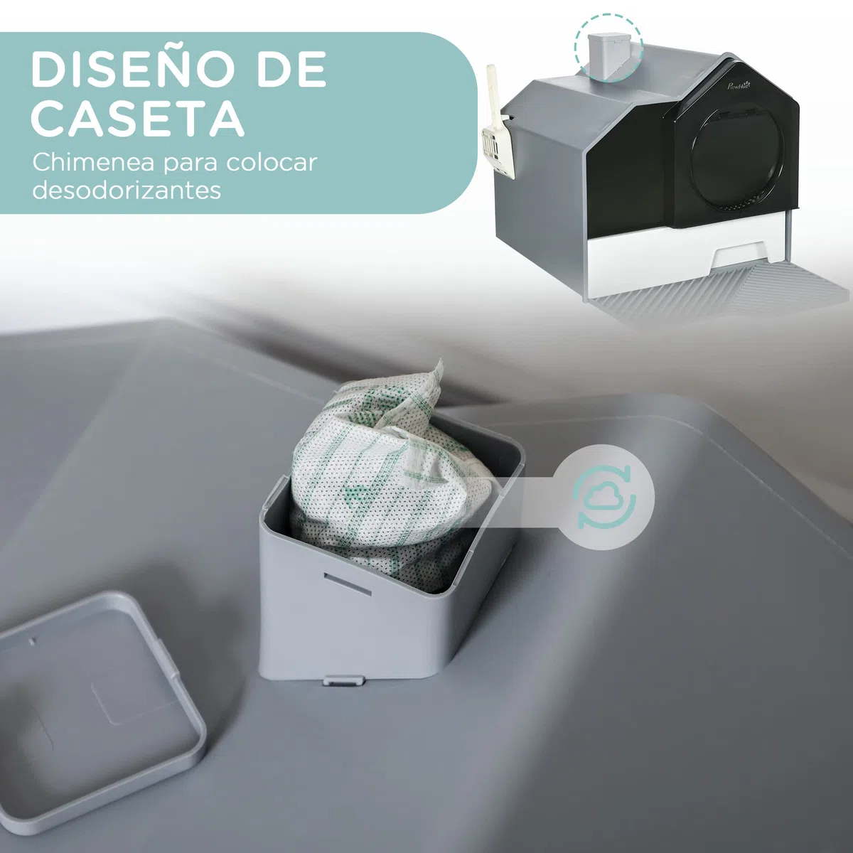 PawHut Arenero Cubierto para Gatos Bandeja Extraíble 47x45x42 cm Gris | Caja de Arena Cerrada para Gatos, Pala, Pedal Exterior, Filtro Desodorizante