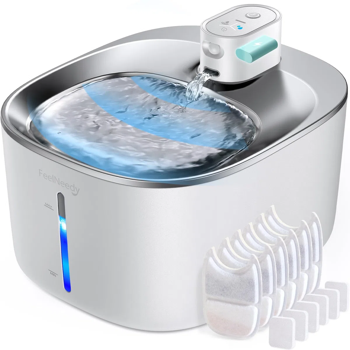 Fuente para Gatos Inalambrica con Sensor De Movimiento En Acero Inoxidable | FEELNEEDY 4L Bebedero Gatos Automatico Con Bateria Recargable 4000mah, Fuente Gato Silencioso, 6 Filtros+ 6 Esponjas, Blanca