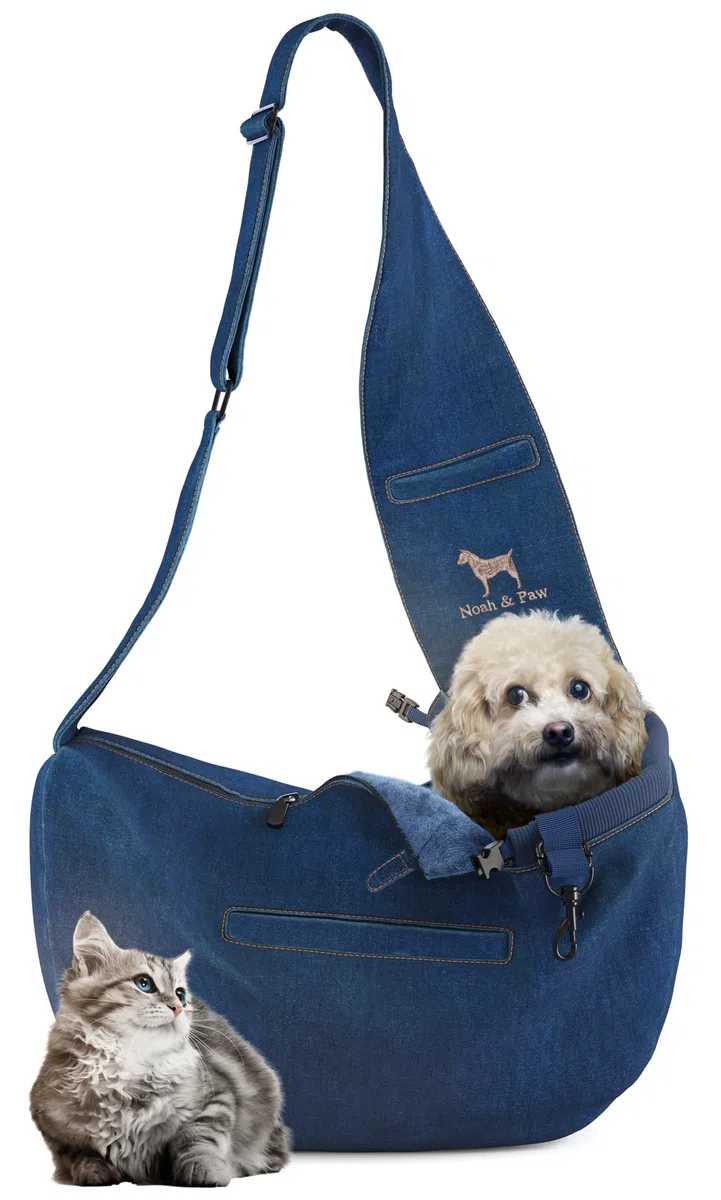 Noah & Paw Bandolera transportin Perro 1,5-5 kg, transportin Gato pequeño, Bolsa Transporte Ajustable para Mascotas, 3X función de Seguridad, Fabricado en Denim Premium.