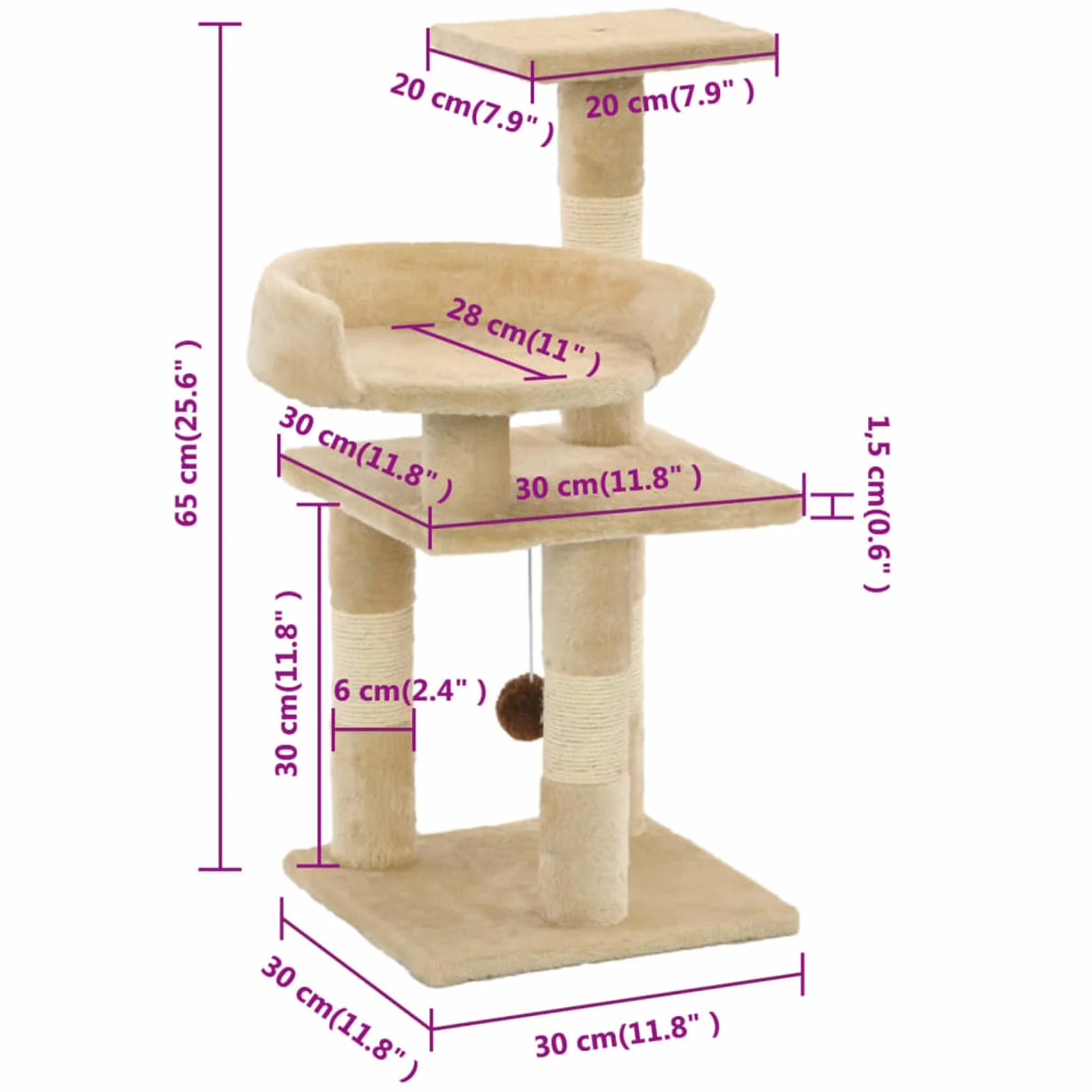 Rascador para Gatos con Postes de sisal, Arbol para Gatos, Gatos Accesorios, Arranhador para Gatos, Arbol Rascador Gatos, 65 cm Beige