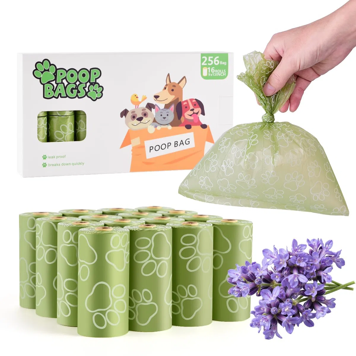 Rollos de bolsas para excrementos, 256 unidades, 9 x 13 pulgadas, color verde, gruesas, a prueba de fugas, con aroma a lavanda, bolsas para perros, bolsas de basura ecológicas para mascotas