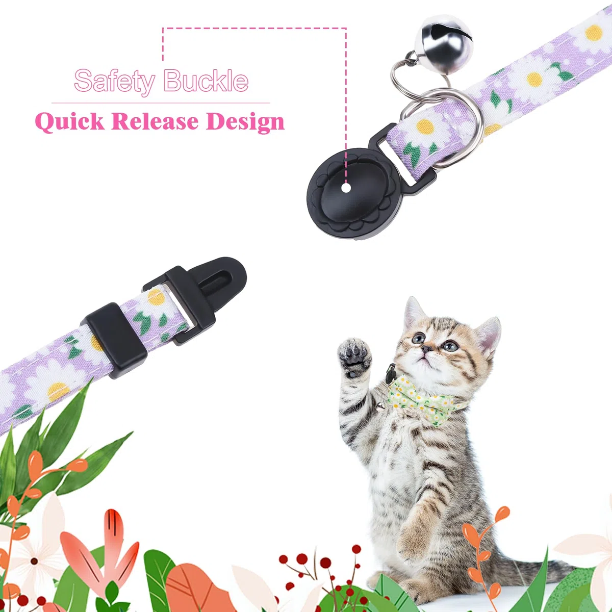 4 collares de gato separables con pajarita y campana, collar floral para gatito con pajarita extraíble, collares de seguridad ajustables para niñas y gatos