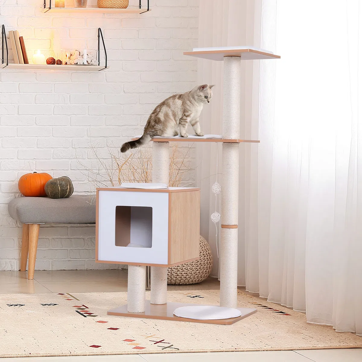 PawHut Árbol Rascador para Gatos Torre de Gato 71,5x49,5x120 cm Natural | de Madera, con Cueva, Plataformas, Postes Rascadores de Sisal, Cojines de Felpa Suave, Bolas Colgantes