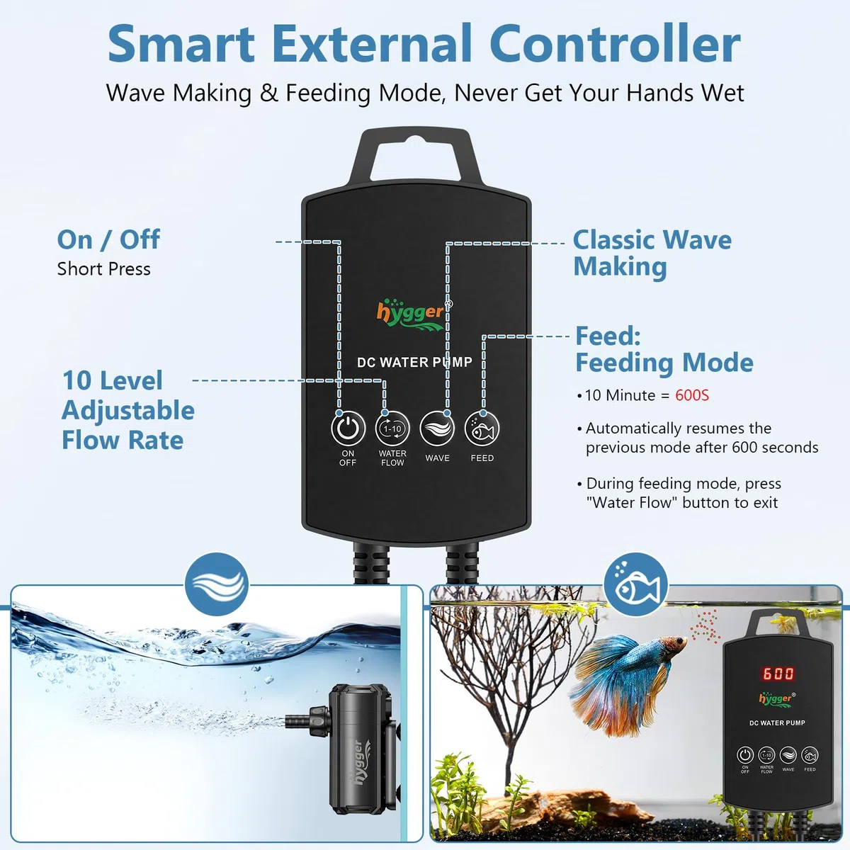hygger Bomba de agua sumergible para acuario (3000L/H) | bomba estanque, con controlador externo, 10 niveles de caudal ajustables, modo «ola», modo «alimentación