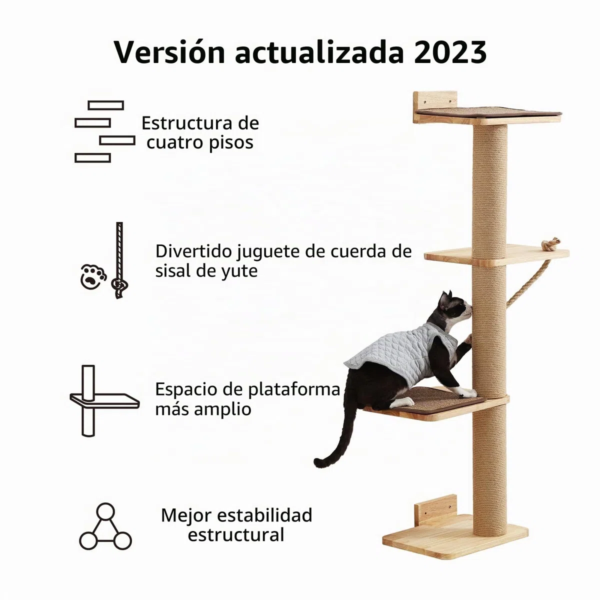 FUKUMARU Árbol para Gatos de 127 cm, Montado en la Pared, Con Cama, Poste Rascador y Colchoneta de Yute, Hecho de Madera de Caucho Sólida Natural, Grande