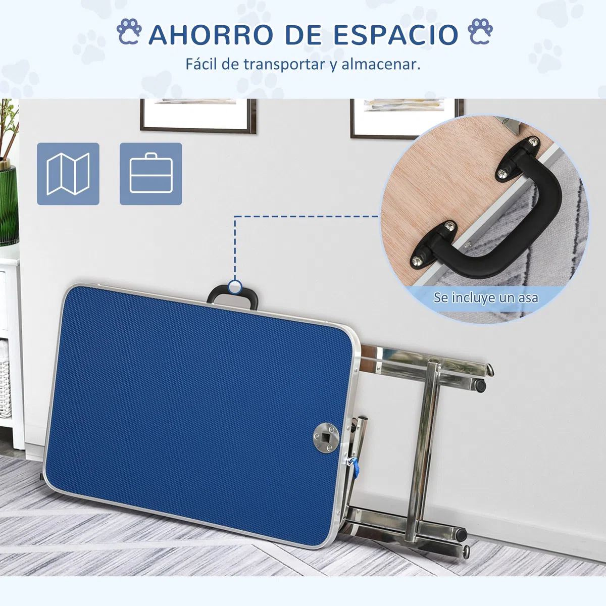 PawHut Mesa de Peluquería para Mascotas Mesa de Aseo 72x45x74-81 cm Azul | Altura Regulable, Encimera Antideslizante, Patas Plegables de Acero Inoxidable, Asa y Brazo con Altura Ajustable