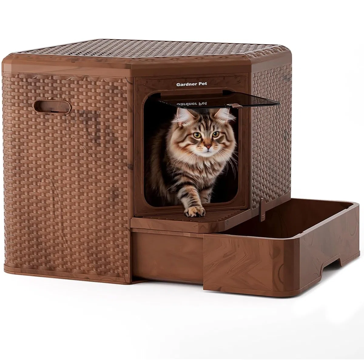 Gardner Pet Arenero Gato Cerrado, Color Madera Oscura | Fondo Extraíble, Diseño Estilizado, Material PP Reciclable, Filtración Anti-Olores,Dimensiones 50x50x50 cm