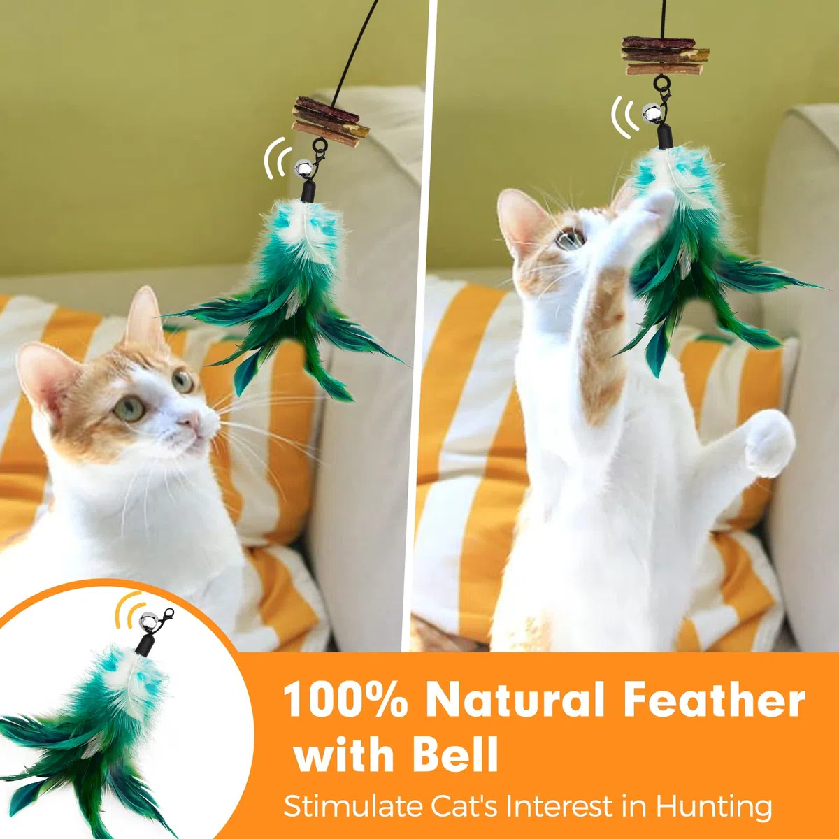 Juguete de varita para gatos, juguetes de plumas de gato con vid plateada y campanas, 2 varitas para gatos y 6 recambios de teaser, varita de alambre extra larga de 38.5 pulgadas, juguete para