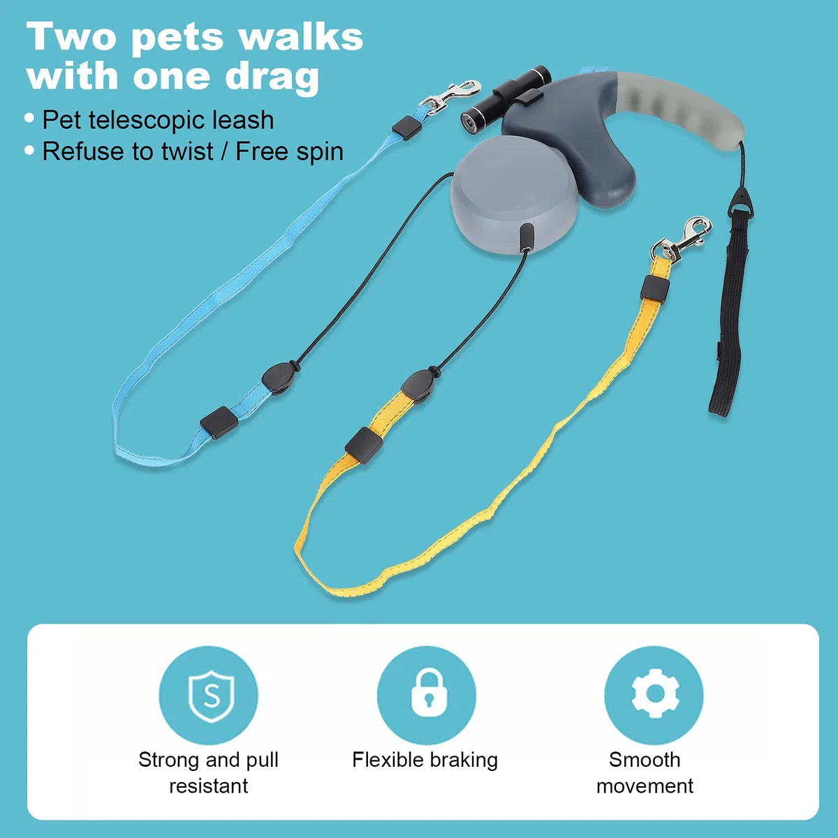 Correa Doble Retráctil para Perros con Luz LED, Correa Doble para Mascotas para Dos Perros Caminando, Cordón Ajustable, Cómodo, Material ABS (Gray)