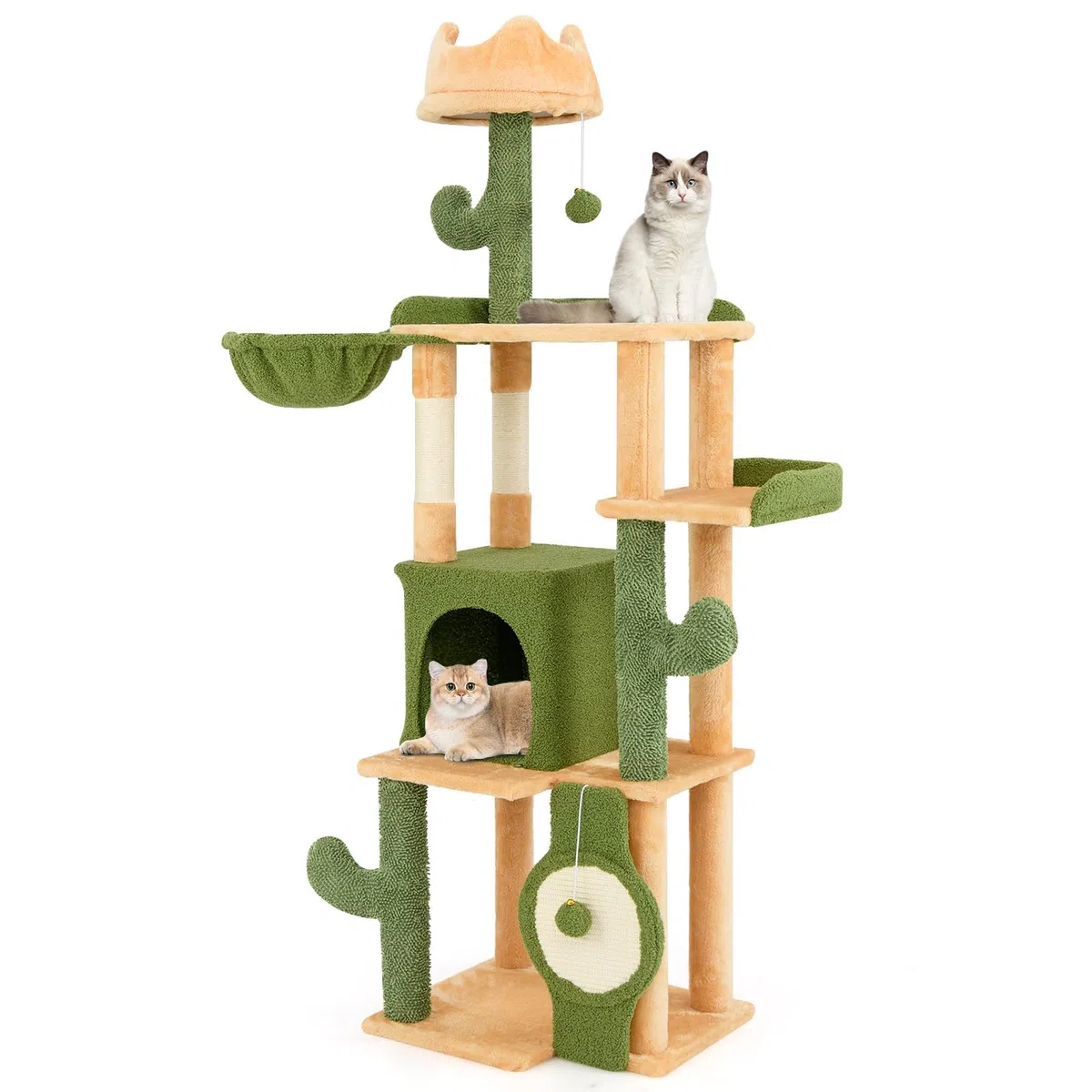 COSTWAY Rascador de Cactus, 160 cm, árbol para Gatos con Cueva para Gatos, Plataformas, Poste de sisal, Cesta, Tabla para rascar y Juguetes, Muebles para Gatos, Muebles para Gatos, árbol de Madera
