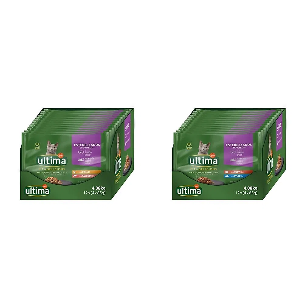 Ultima Comida Húmeda para Gatos con Pollo y Salmón, 4 x 85 gr x 12 (4.08 kg) & Comida Húmeda para Gatos con Buey y Atún, 12 x (4 x 85 gr), 4080g