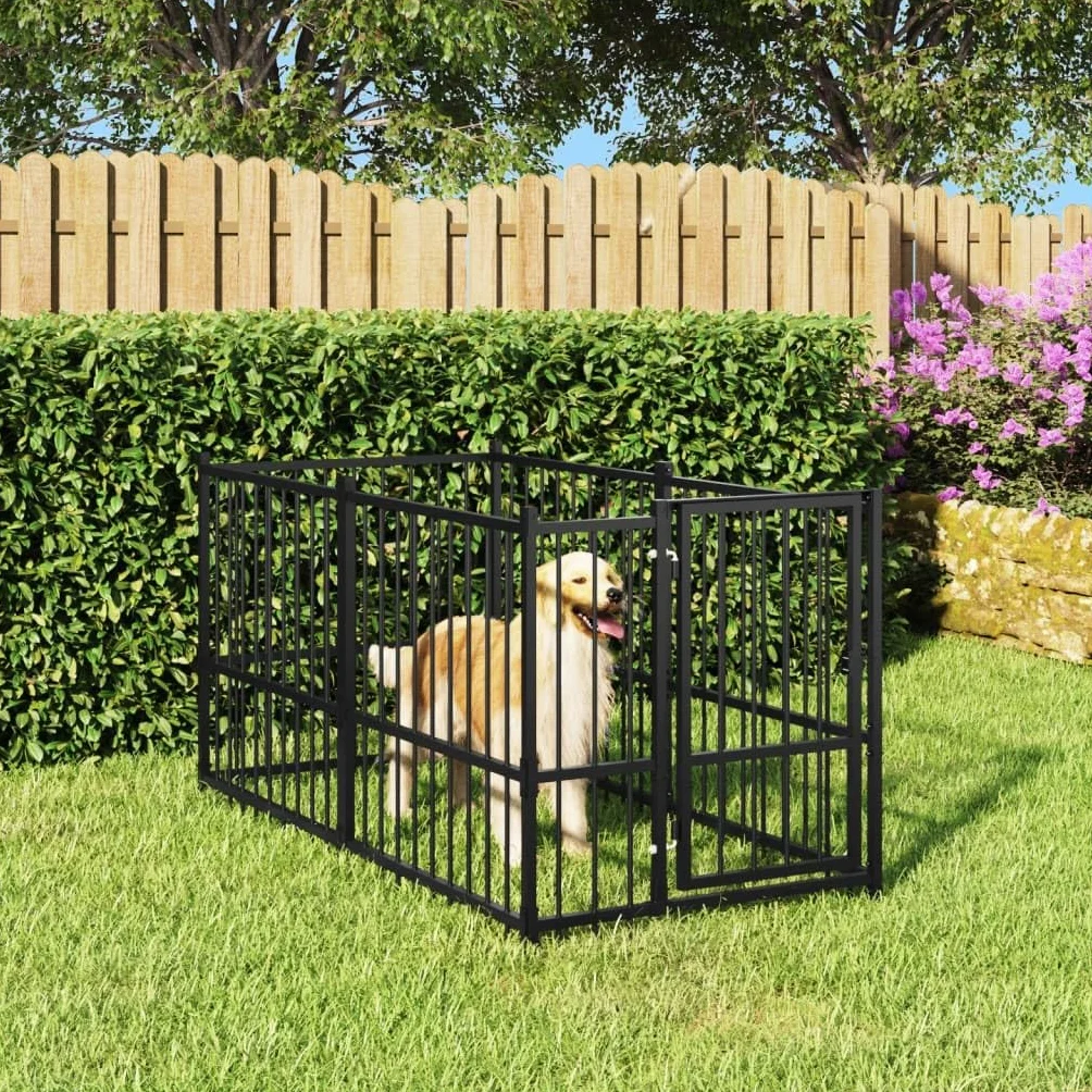 Perrera negra de acero con recubrimiento en polvo, 193,5 x 97 x 100 cm, con puerta y cerradura, cercado para cachorros y perros, protección y seguridad en el jardín