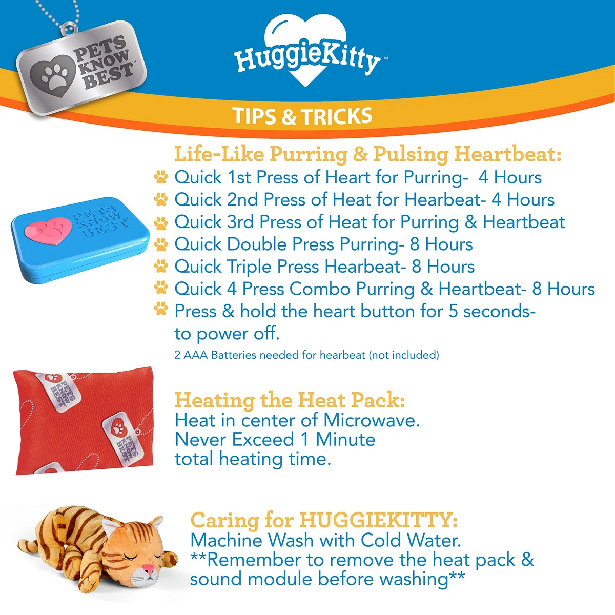 Pets Know Best HuggieKitty - Juguete de Peluche para Gatos, Sonido Relajante y Calidez Que Ayuda a relajar y reconfortar a tu Mascota, ronroneo y Latido del corazón, Paquete de calefacción, Naranja