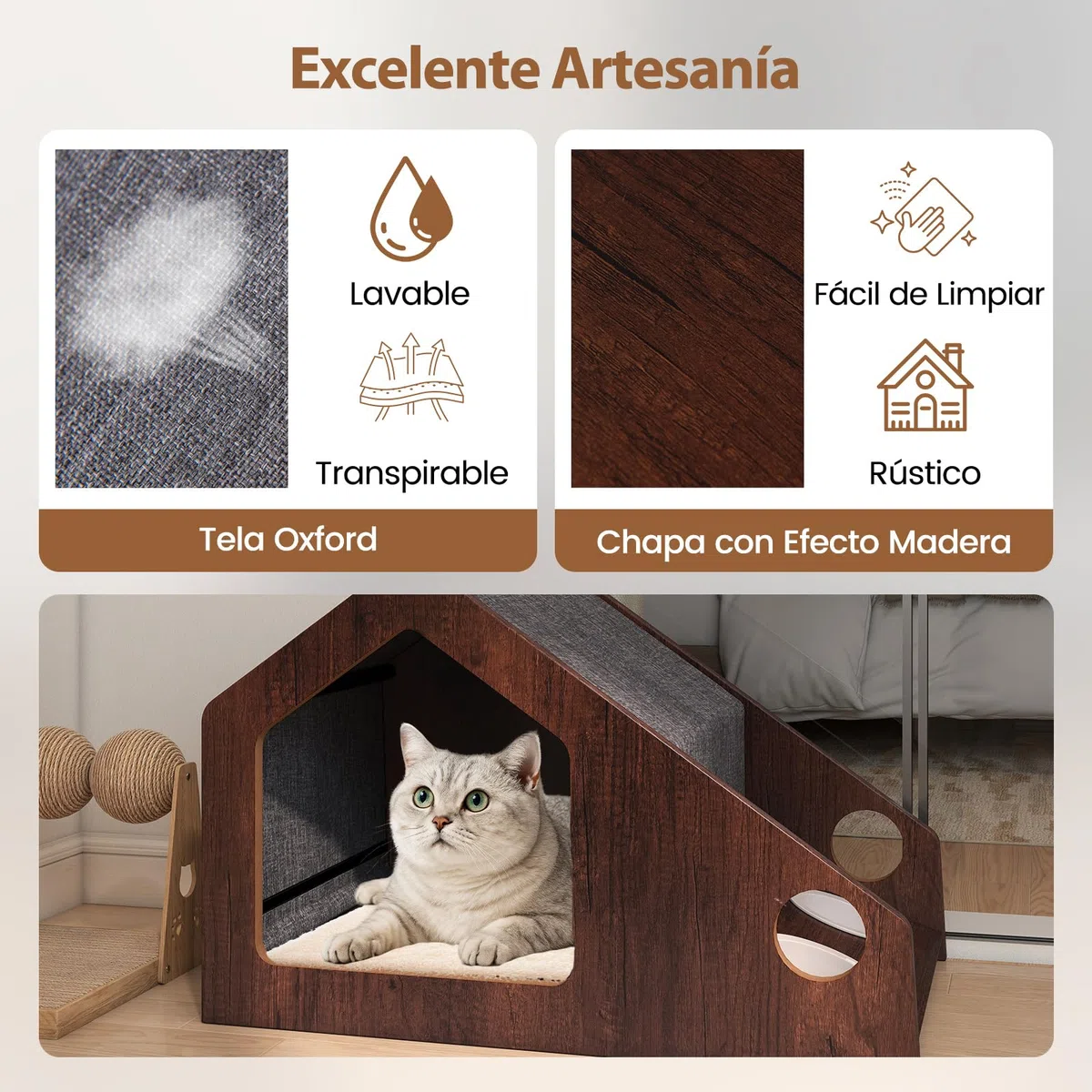 COSTWAY Casa para Gatos de Madera para Interior, 60x40x40 cmCaseta para Gatos con Comedero, Techo Desmontable y Lavable, Estructura Metálica, Villa de Estilo de Granja, Refugio Decorativo para Gatitos