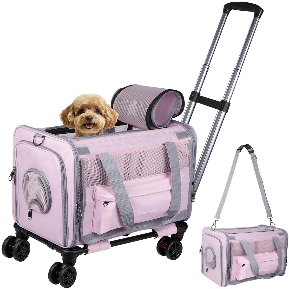 Nueva Bolsa Transporte Transpirable para Mascotas 45x33x33 cm | Transportín para Mascotas con Ruedas Desmontables y Correa Ajustable, para Mascotas Pequeñas y Medianas de hasta 9 kg (Rosa)