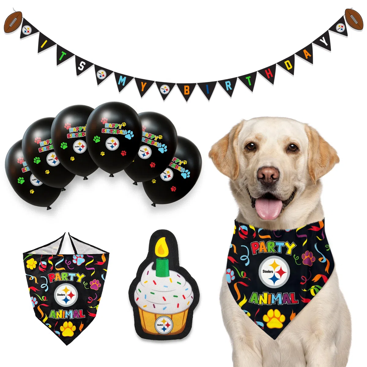 NFL Pittsburgh Steelers - Juego de Fiesta de cumpleaños para Perro, 9 Piezas con 1 Bandana de fútbol pequeño/Mediano, 1 Pancarta, 1 Juguete para Pastel de cumpleaños y 6 Globos del día B, Juego de
