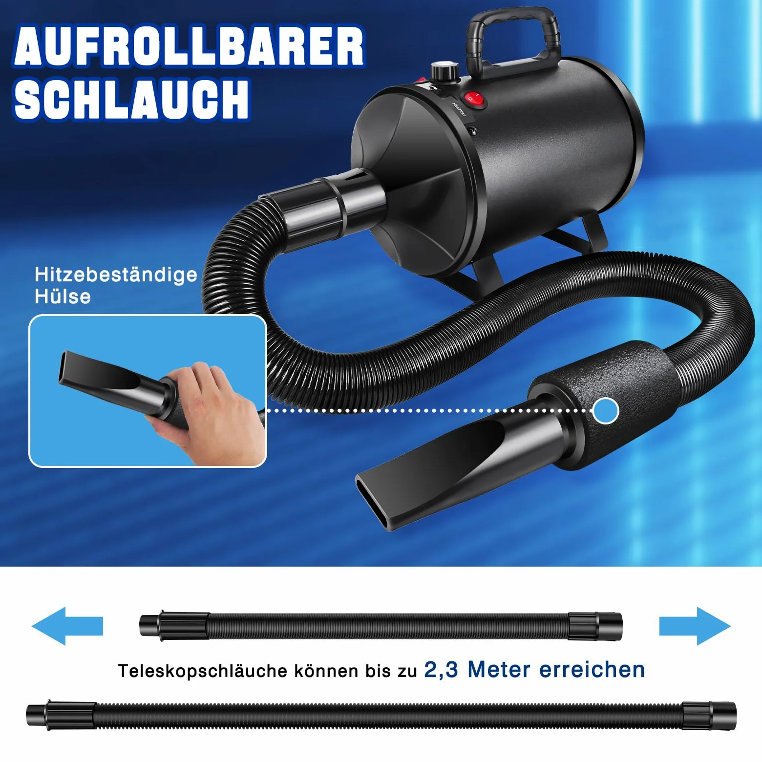AUTOFU Secador profesional para perros, secador de pelo para mascotas, 3500 W, con velocidad y calor ajustables, 4 boquillas diferentes y manguera elástica