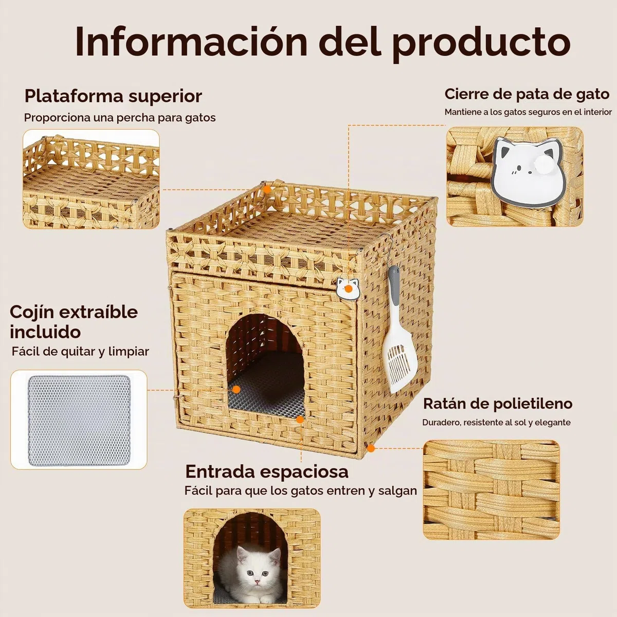Caja De Arena para Gatos, Casa para Gatos Tejida A Mano En PE RattáN con Alfombra Y Ganchos S, Mueble De Caja De Arena Oculta para Sala, Dormitorio Y BalcóN, 47X52X59 Cm, Natural