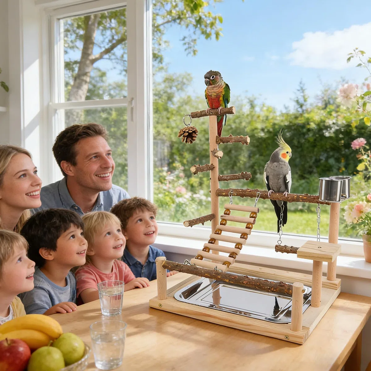Parque de Juegos para Aves Juguete Trepador en Madera | para Periquitos con Taza y Bandeja de Acero Inoxidable para Cacatúa Ninfa, Pinzón, Agapornis en Masticación, Entrenamiento,