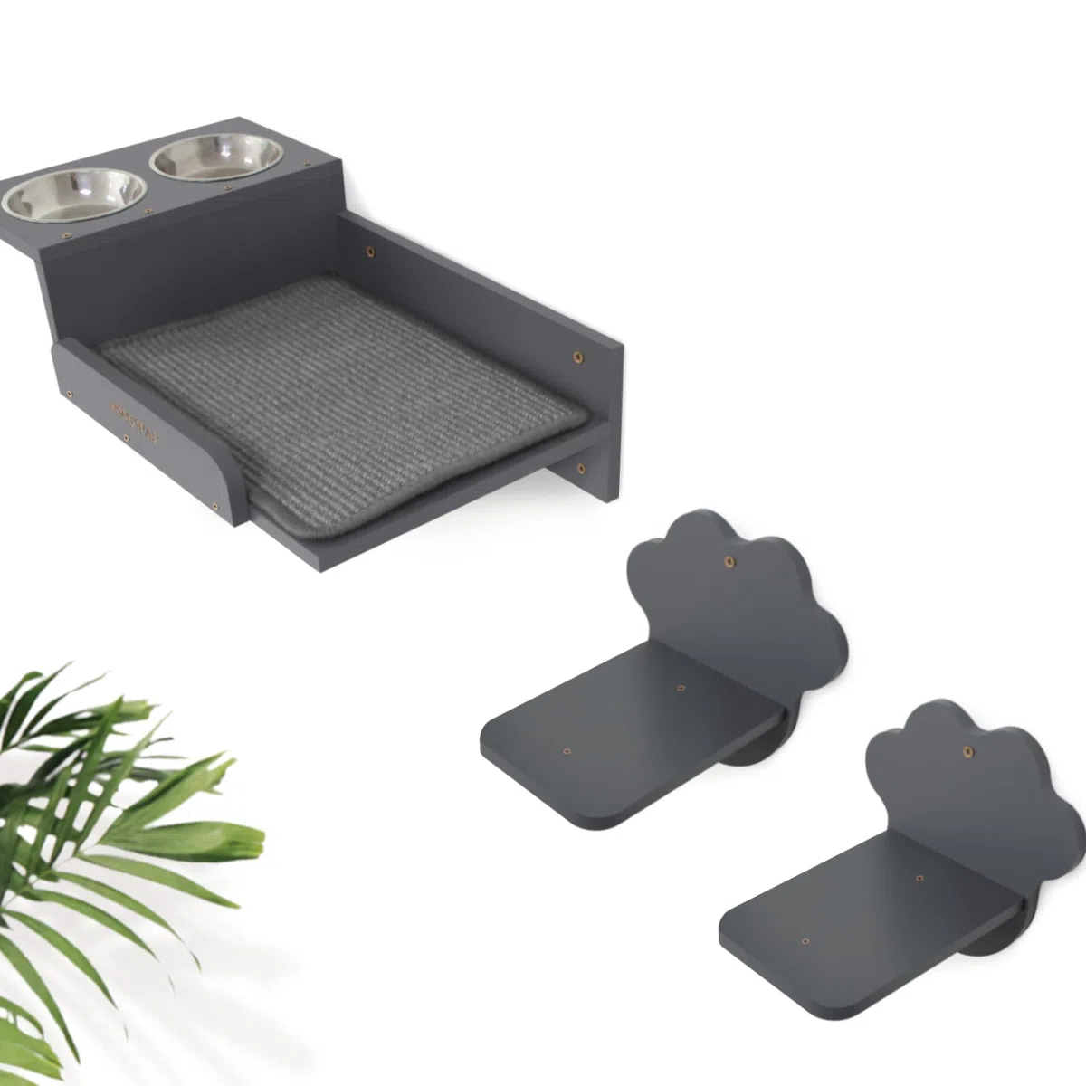 SONGWAY Estantes y Comedero de Pared para Gatos con 2 Escalones y Cuencos de Acero Inoxidable, Estación de Alimentación Elevada a Prueba de Perros, Muebles
