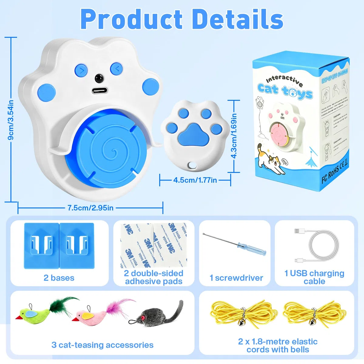 DoubleCare Juguetes interactivos para gatos de interior, juguete automático de plumas de pájaro volador para gatitos aburridos y gatos adultos, manos libres o de mano, azul