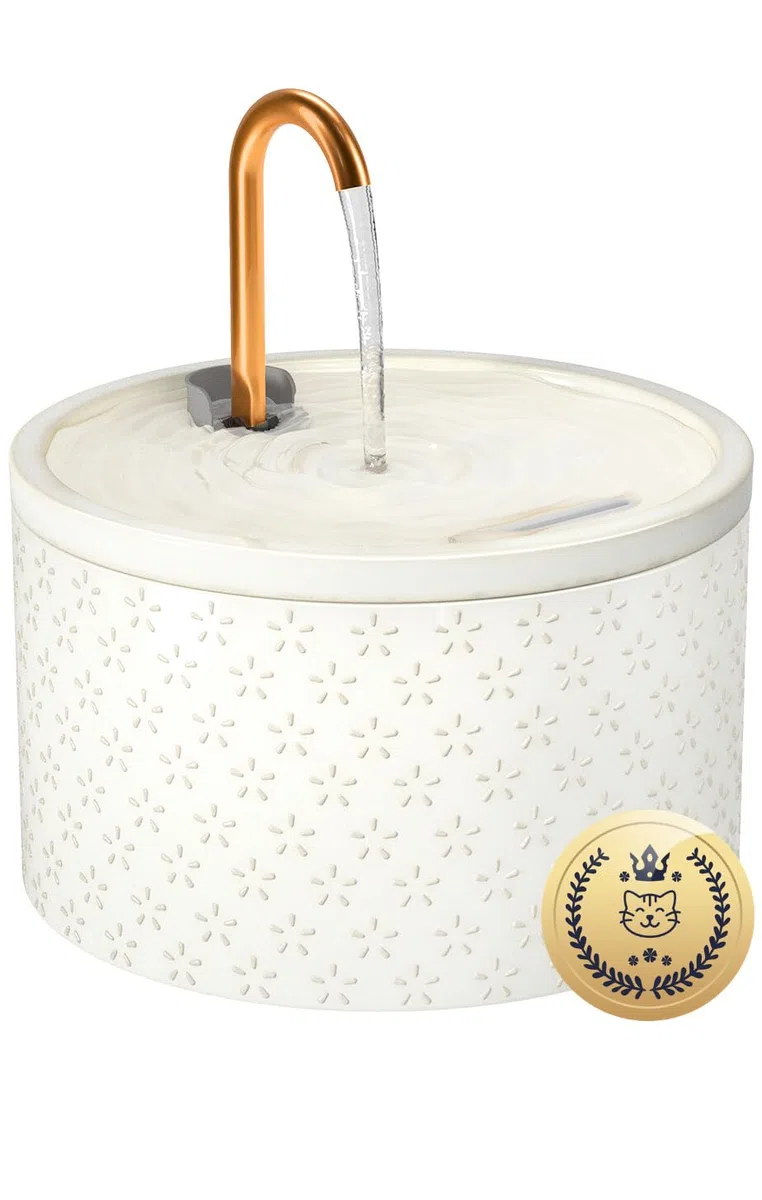 MISFANS Fuente para gatos de cerámica, 2,1 L, bebedero para gatos, dispensador de agua silencioso para mascotas, fuente para gatos para múltiples mascotas, filtro para agua limpia, relieve de flores