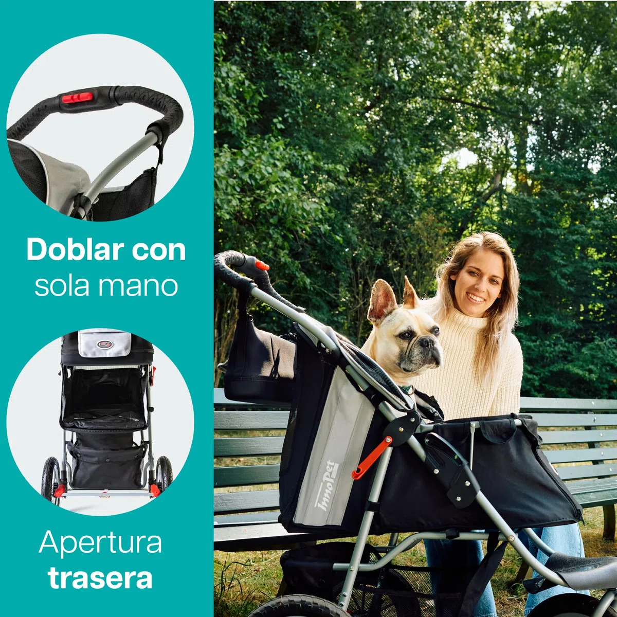 Innopet Comfort Air Eco negro/plata - Cochecito para perros y gatos con ruedas neumáticas de 12”, plegado con una mano, tejido reciclado y organizador
