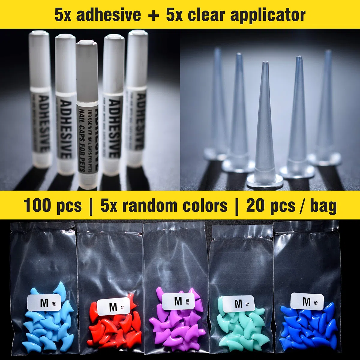 Zetpo - 100 tapas de uñas suaves para gatos, 5 x diferentes colores al azar + 5 x pegamento adhesivo + 5 x aplicador, puntas de gatito, patas de gato, patas de mascotas de gato, cubiertas suaves