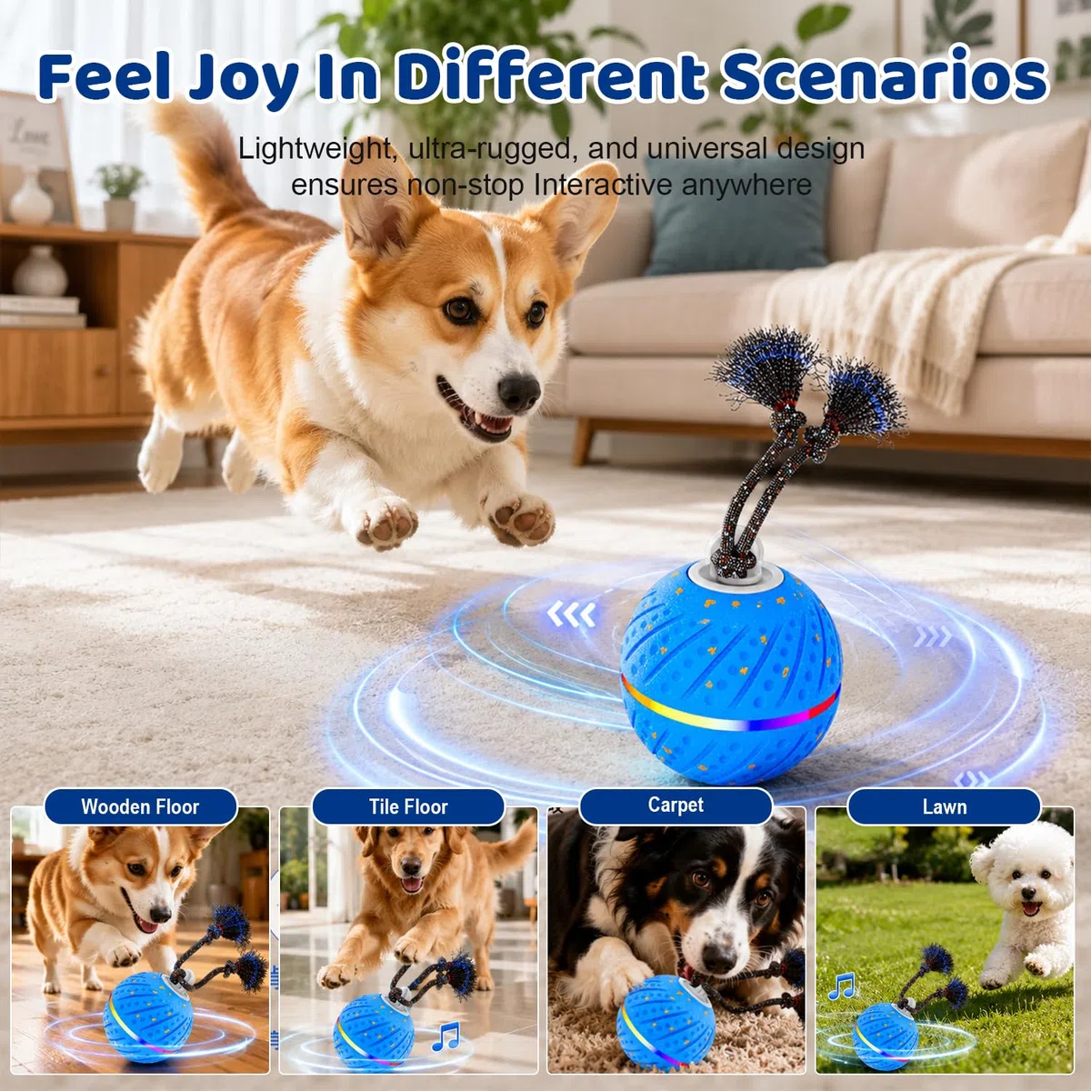 Pelota interactiva para perros para aburrimiento, 2 modos de movimiento automático, juguetes para perros para masticadores agresivos, juguetes inteligentes de enriquecimiento para cachorros con cuerda