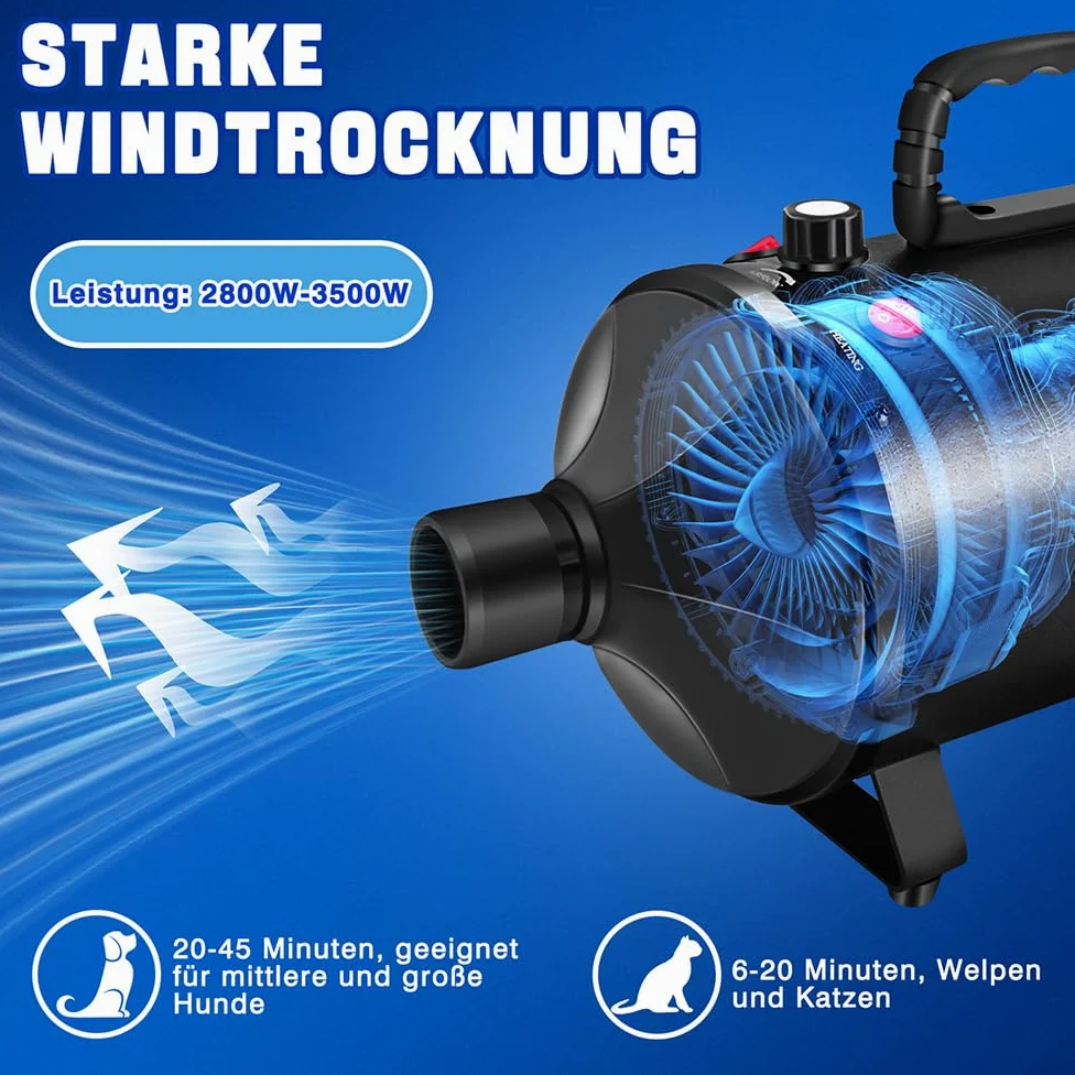 AUTOFU Secador profesional para perros, secador de pelo para mascotas, 3500 W, con velocidad y calor ajustables, 4 boquillas diferentes y manguera elástica