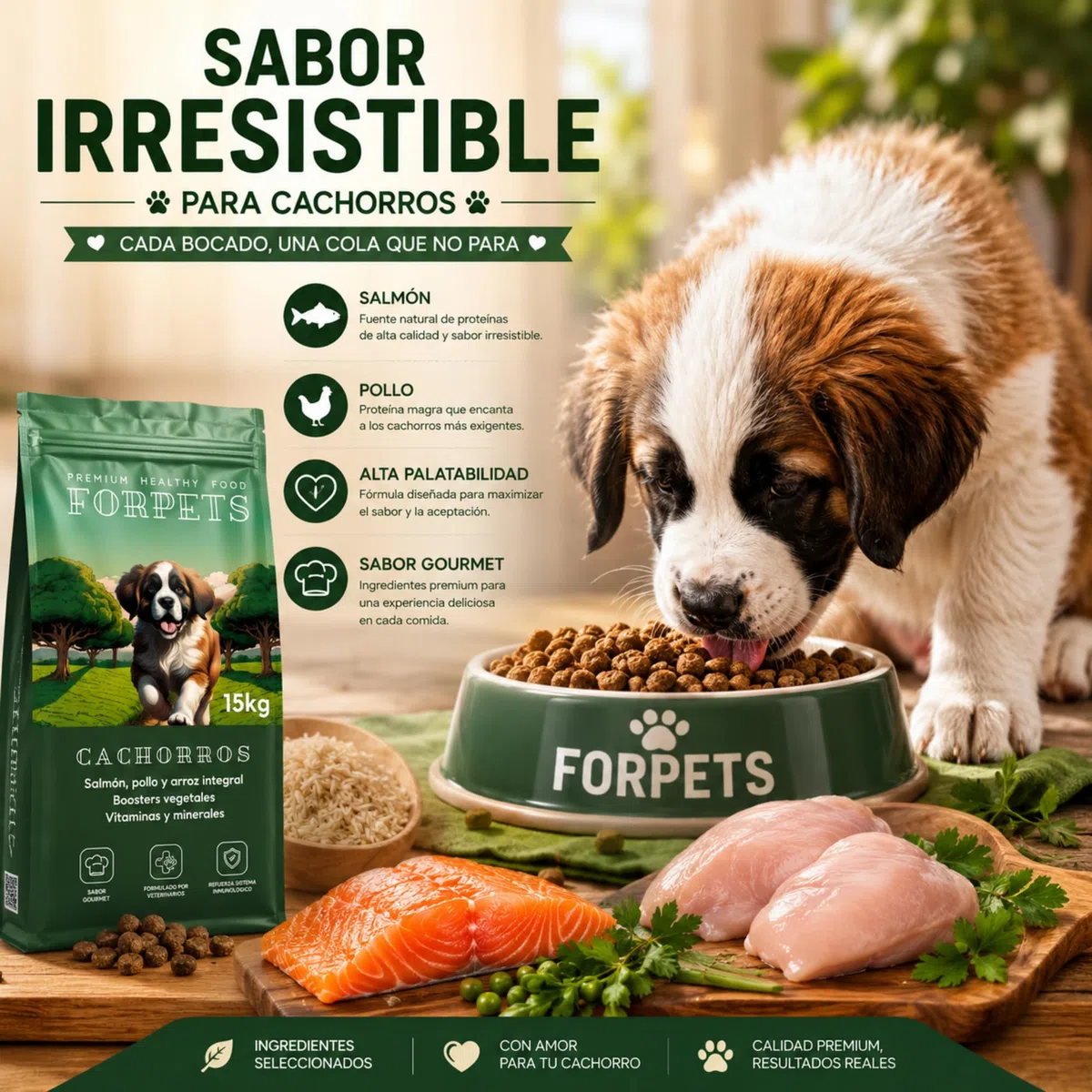 Pienso para Cachorros 15 kg | Salmón, Pollo y Arroz Integral | Digestión Sensible y Crecimiento Saludable | Sin Gluten, Alto en Proteína | Razas Pequeñas, Medianas y Grandes | FORPETS