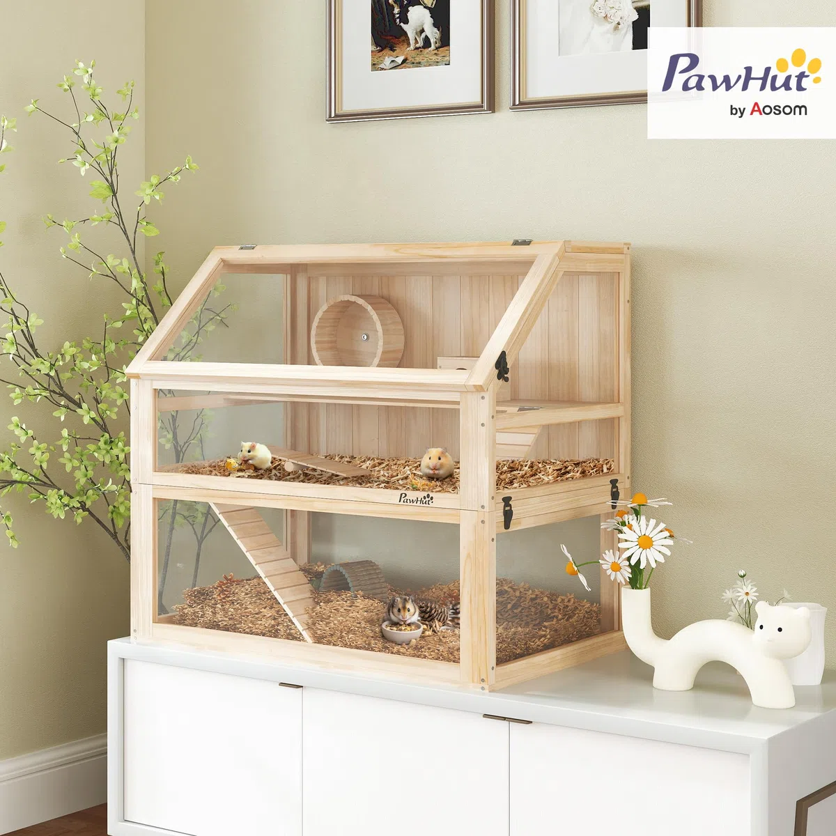 PawHut Jaula de madera para hámster de 3 niveles, jaula para roedores y animales pequeños, con tapa plegable, rueda y accesorios, jaula de madera para hámsters enanos, 80 x 50 x 76 cm, madera natural | Jaula para roedores, para hámsters enanos