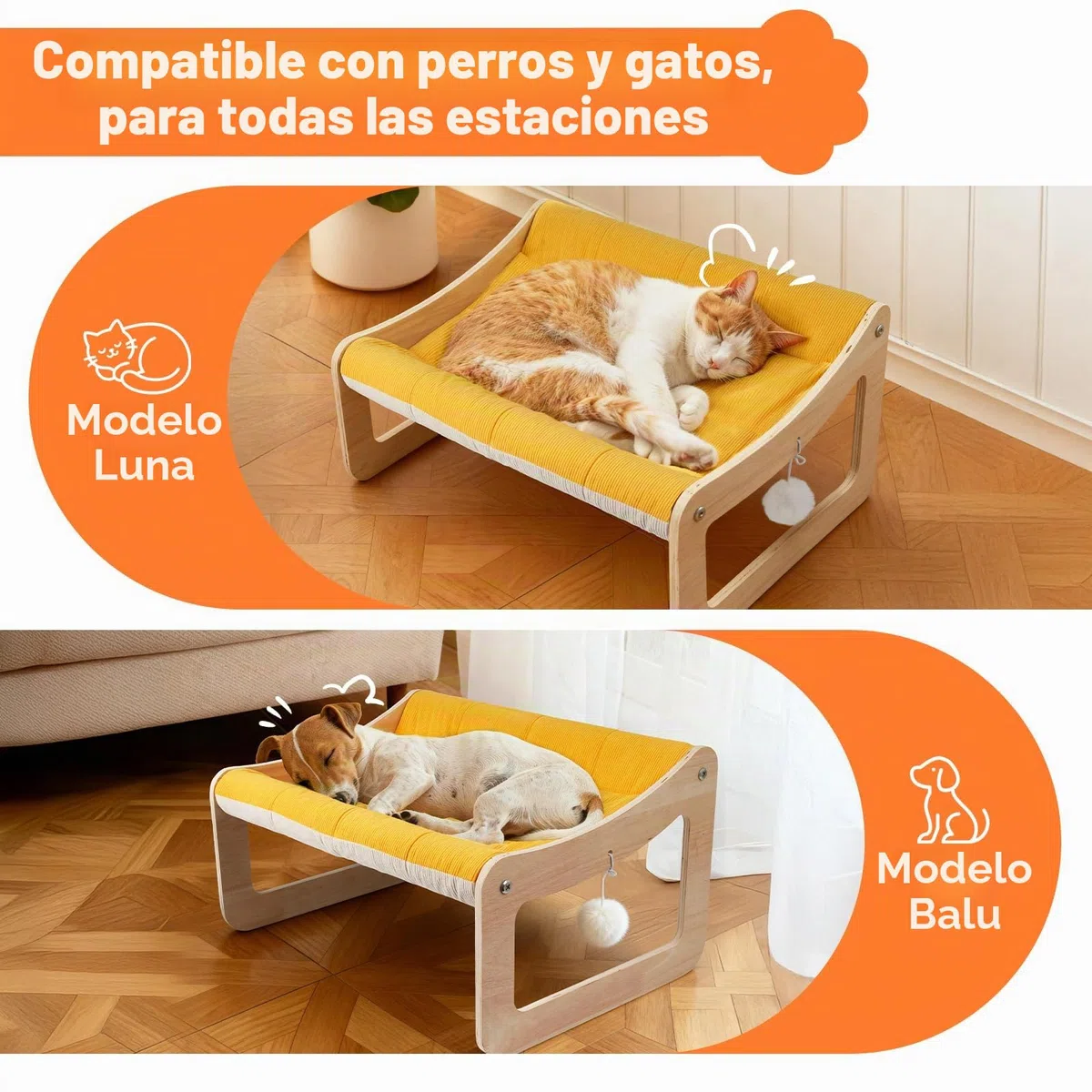 Cama elevada para gatos de madera, sofá para gatos amarillo sol, 53 x 40 cm, silla de gato moderna con funda de colchón extraíble, soporta hasta 15 kg