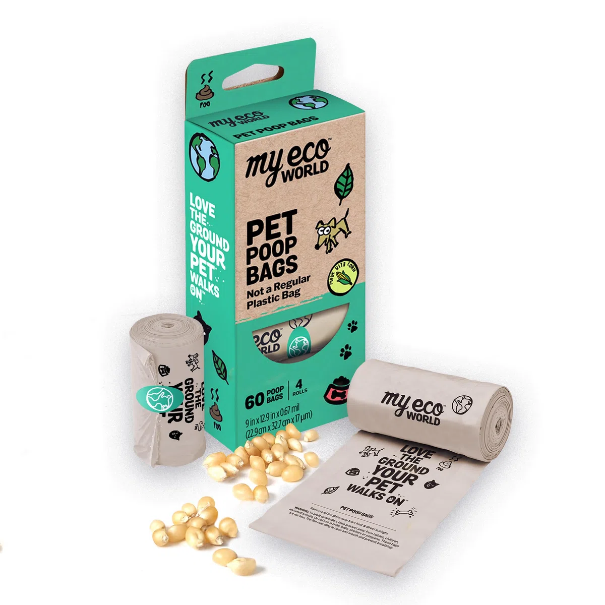 Bolsas para excrementos de mascotas, fabricadas con maíz y otros materiales compostables certificados, rollos de bolsas para excrementos de perro, 60 bolsas, 4 rollos, extrafuertes, a