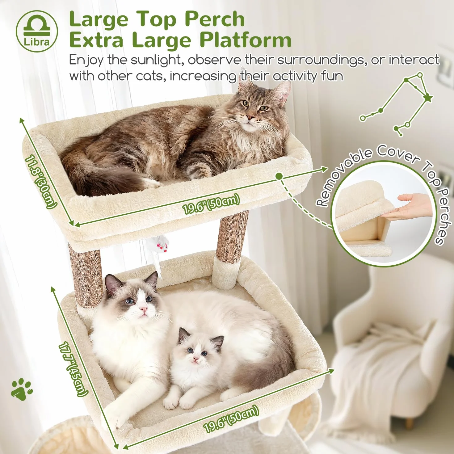 Globlazer Árbol Rascador Beige XXL Alto 200 cm con 2 Grandes Nidos, 2 Grande Plataformas, 2 Tabla Rascar Sisal, 2 Cesta, Estable Árbol Torre para Grande Gato 3-5 Adulto Gatos Más de 7 kg (Z78, Beige)
