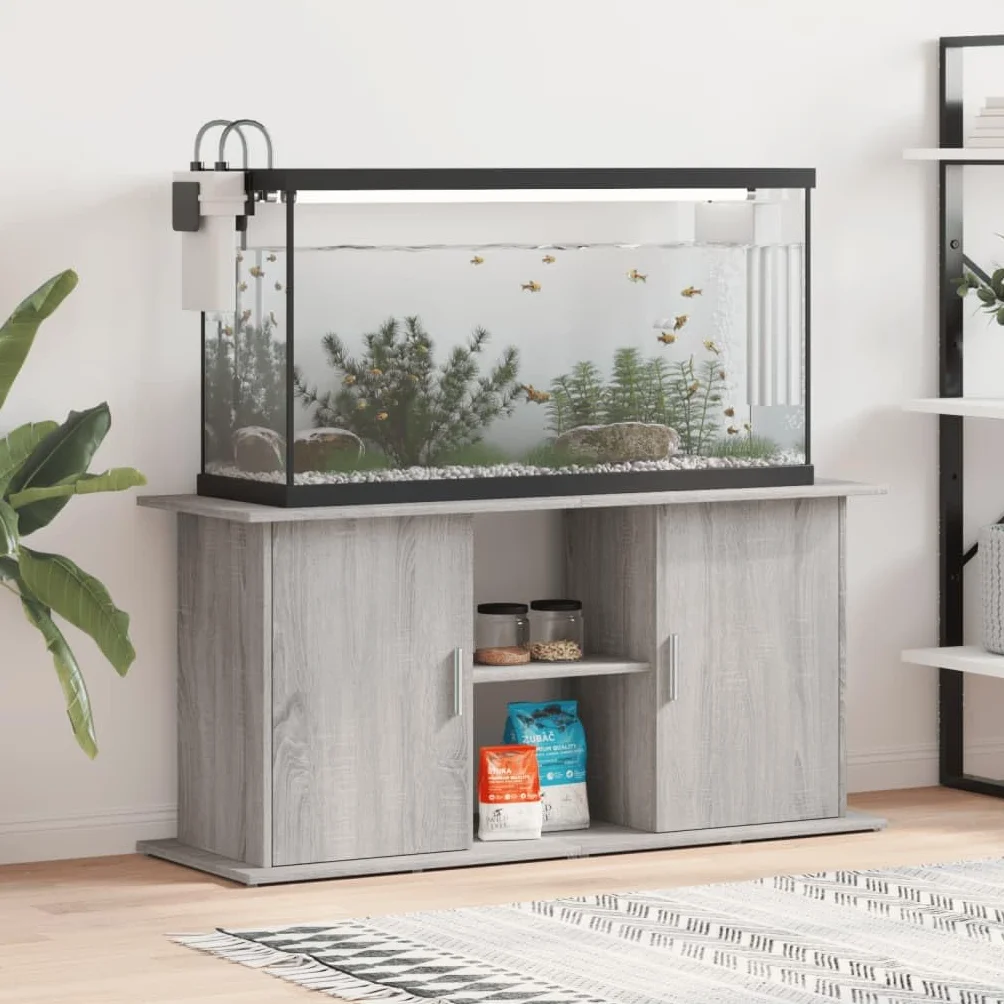 Mangloder Soporte para acuario, gris Sonoma, 121 x 41 x 58 cm, material de madera, armario para acuario, armario para acuario, estantería con espacio para alimentos para peces, accesorios, filtro en