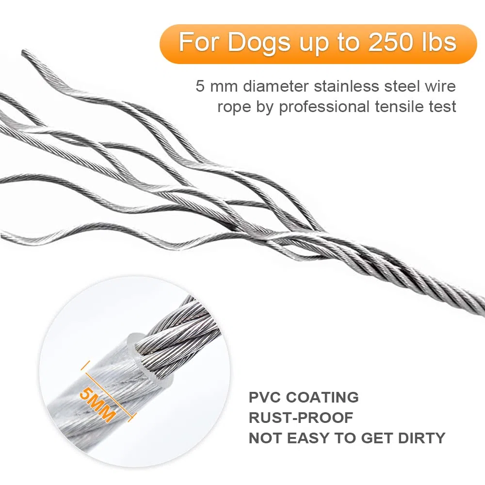 Tresbro Sistema de Trineo Con Correa Para Cable Para Atar a Los Perros, Cadena de Corredor de Amarre de 50 Pies / 15 Metros para Perros de Hasta 250 Libras
