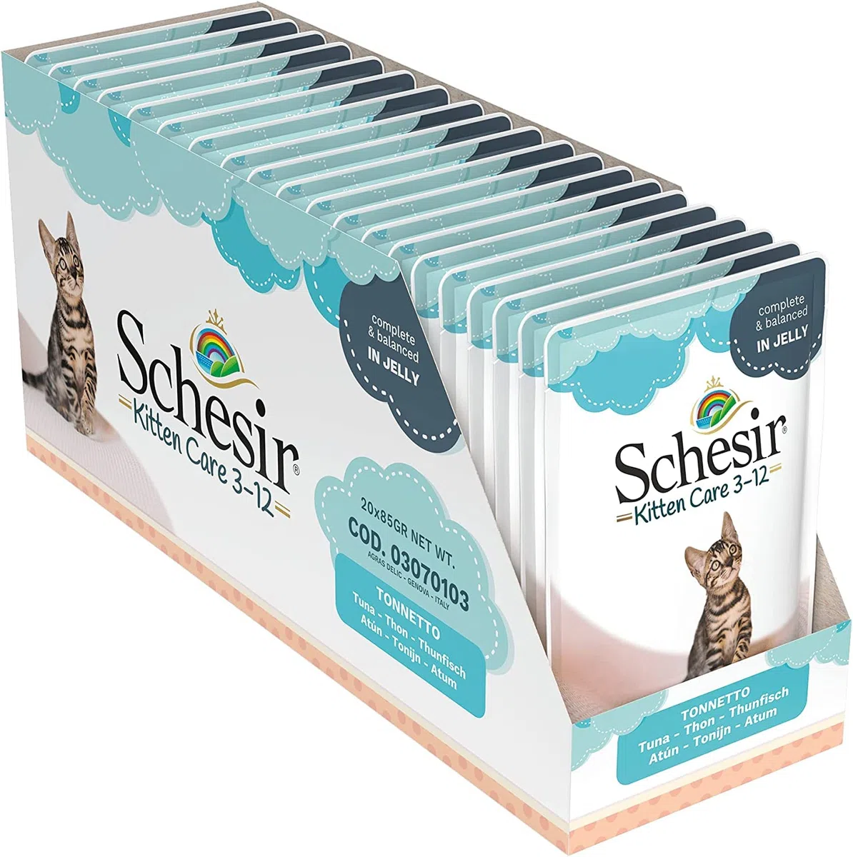Schesir, Comida Húmeda para Gatitos, Sabor bacoreta en gelatina Blanda - Total 1,7 kg (20 Sobres x 85 gr) & Filete de pollo Cat Jelly Kitten, alimento húmedo para gatitos en gelatina, 20 bolsas x 85 g