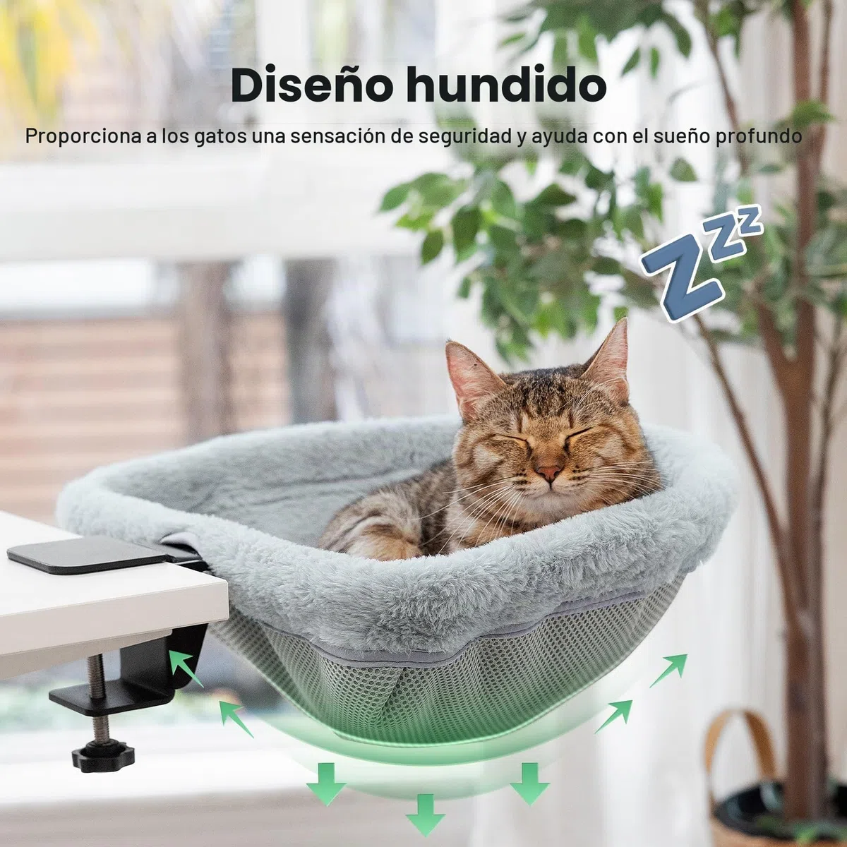 JUNSPOW Cama de escritorio para gatos, plegable con un solo clic, diseño hundido y cama semicircular para gatos que ahorra espacio, material de piel de conejo sintética suave, adecuada para varios