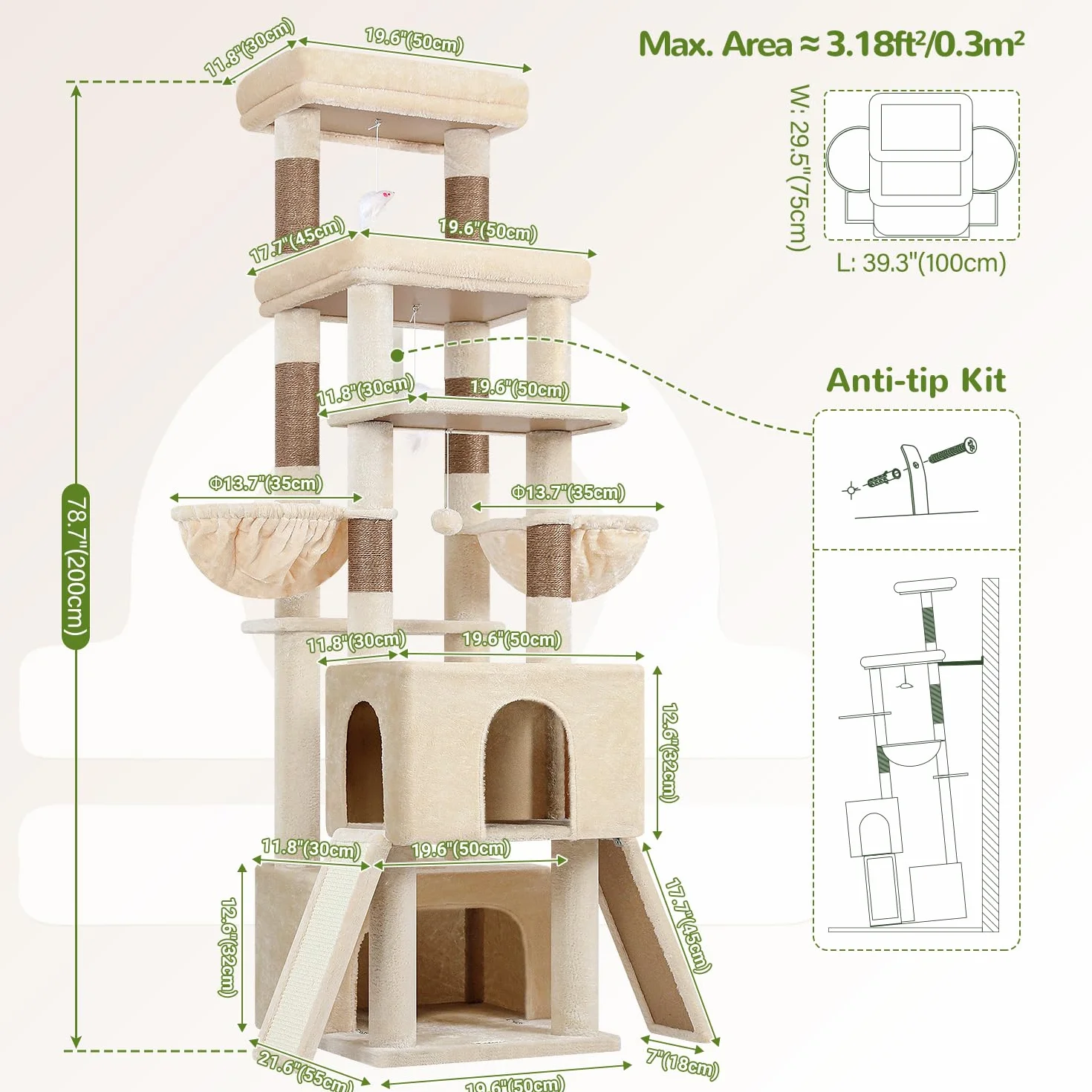 Globlazer Árbol Rascador Beige XXL Alto 200 cm con 2 Grandes Nidos, 2 Grande Plataformas, 2 Tabla Rascar Sisal, 2 Cesta, Estable Árbol Torre para Grande Gato 3-5 Adulto Gatos Más de 7 kg (Z78, Beige)