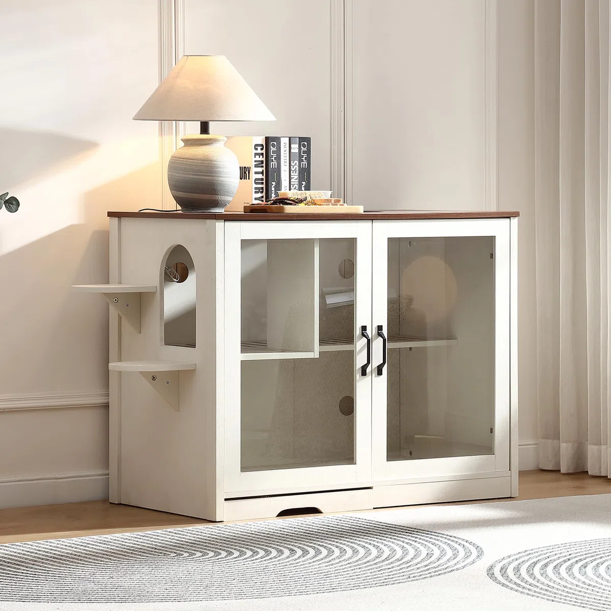 FOREST GRAVITY Mueble Arenero Step Cat Litter Box Cabinet para Gato para Moderno 125.5 * 83 * 60 cm Casa para con Puerta y Tabique Separador Blanco Antiguo