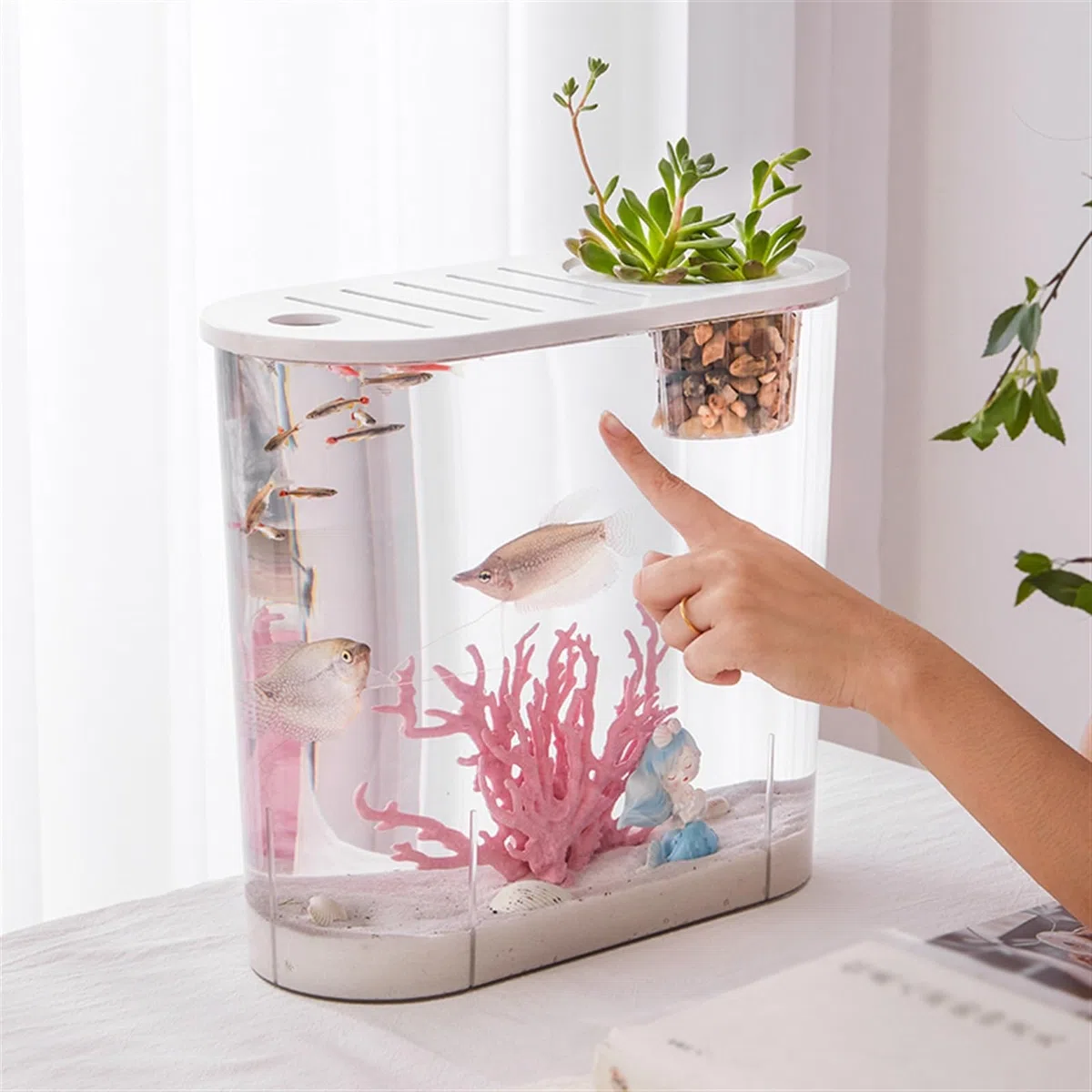 Acuario Pecera Pequeña Micro Paisaje Transparente Pecera Grande Ecológica Hogar con Tapa Escritorio Ovalada se Pueden Plantar Plantas Acuáticas Peces Acuario(Grande)
