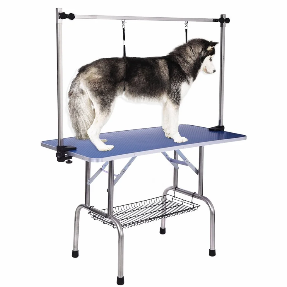 Mesa de peluquería para Mascotas, Resistente, con Soporte Ajustable para los Brazos y Superficie Antideslizante, 90x60x76 cm, para Uso Profesional y doméstico.